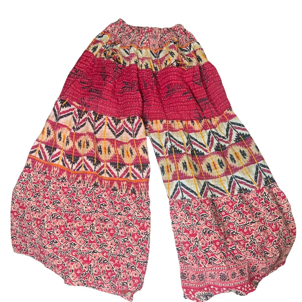 Kantha Bae Pink Patchwork Kantha Stitch Wide Leg Harem Pants One Size OS